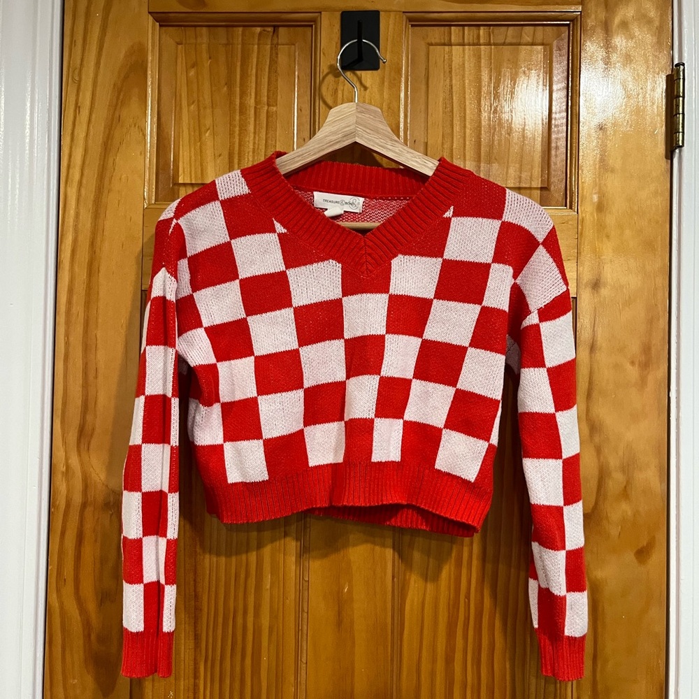 Treasure & Bond Kids' V-neck Crop Sweater Red Fiery- White Checkered Size Medium